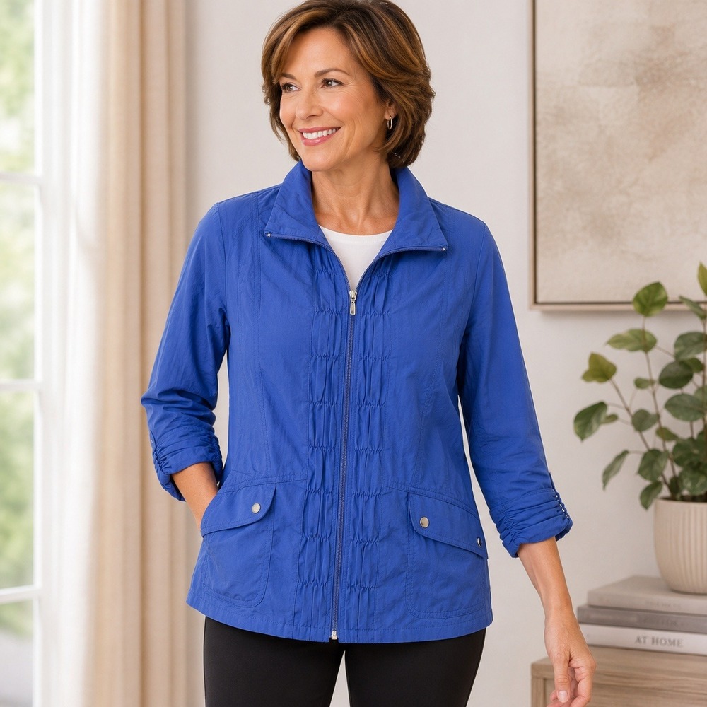 Zenergy by Chicos Sz 2 Blue Ruched Zip Up Jacket Size L Athleisure Outdoor Layer